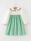 Girls Christmas Green Plaid Embroidered Long Sleeve Dress - 2