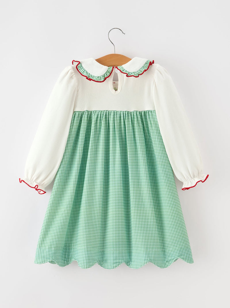 Girls Christmas Green Plaid Embroidered Long Sleeve Dress - 2