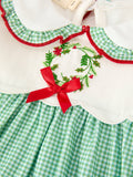 Girls Christmas Green Plaid Embroidered Long Sleeve Dress - 3