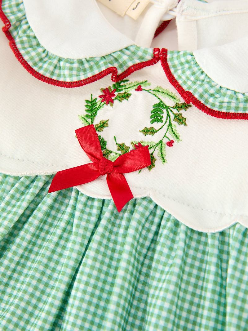 Girls Christmas Green Plaid Embroidered Long Sleeve Dress - 3