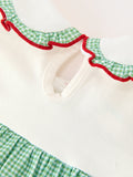 Girls Christmas Green Plaid Embroidered Long Sleeve Dress - 5