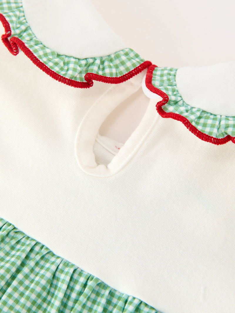 Girls Christmas Green Plaid Embroidered Long Sleeve Dress - 5