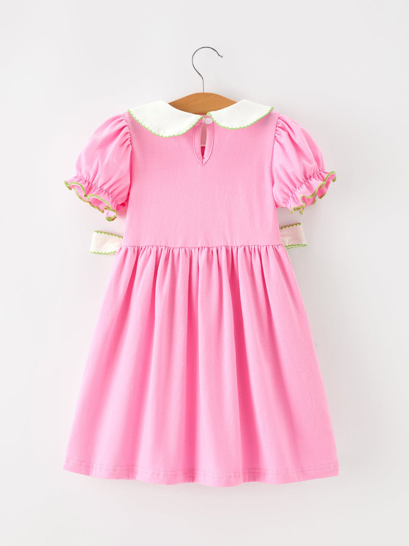 Girls Christmas Pink Bow & Christmas Tree Peter Pan Collar Dress - 2