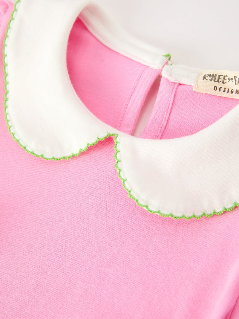 Girls Christmas Pink Bow & Christmas Tree Peter Pan Collar Dress - 3