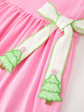 Girls Christmas Pink Bow & Christmas Tree Peter Pan Collar Dress - 4