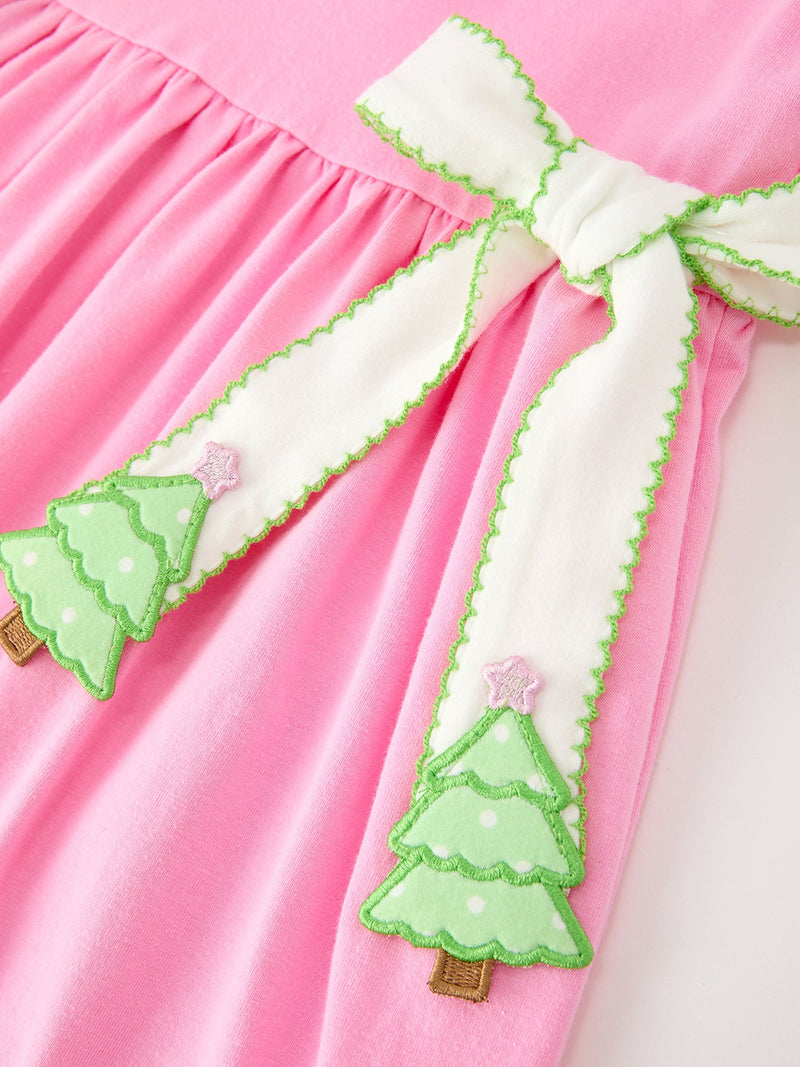 Girls Christmas Pink Bow & Christmas Tree Peter Pan Collar Dress - 4