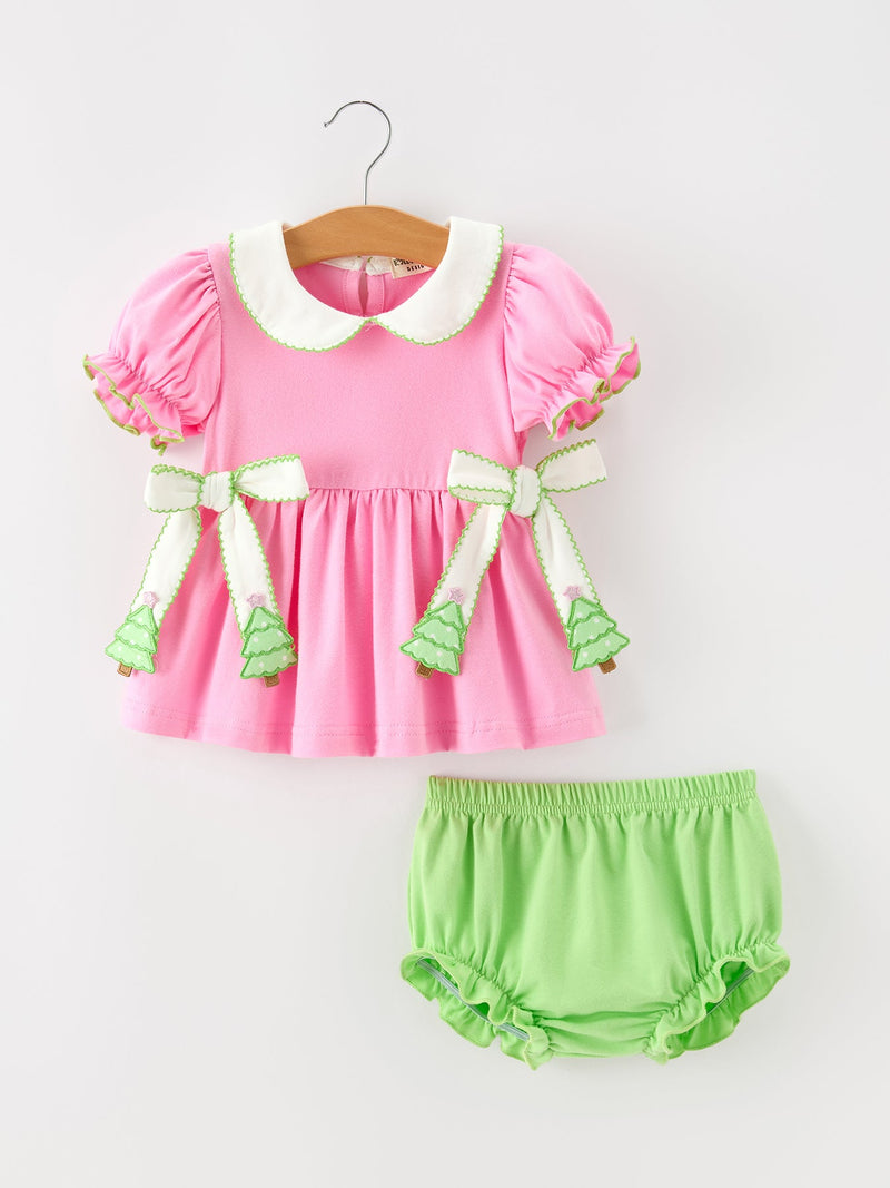 Baby Girls Christmas Pink Bow Christmas Tree Top & Bloomer Set - 1