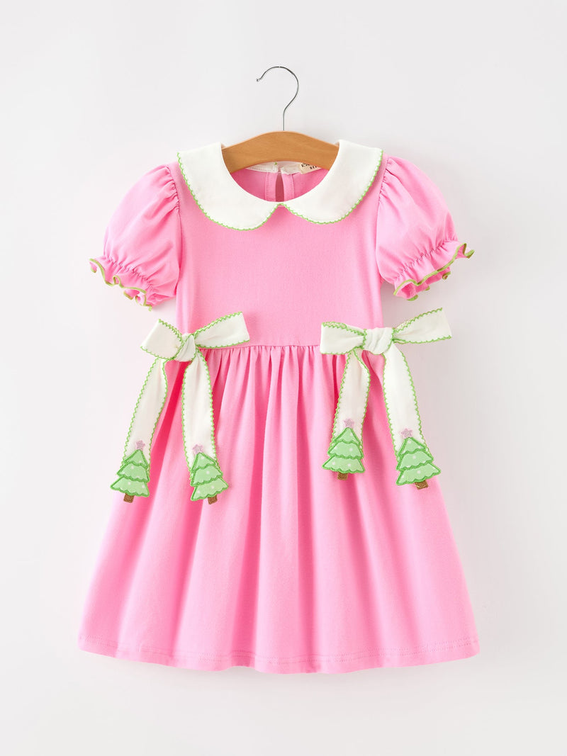 Girls Christmas Pink Bow & Christmas Tree Peter Pan Collar Dress - 1