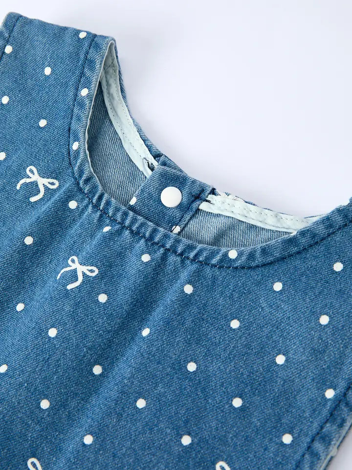Spring Bow Dot Denim Ruffle Top and Pants Set 3/4 Pants - 3