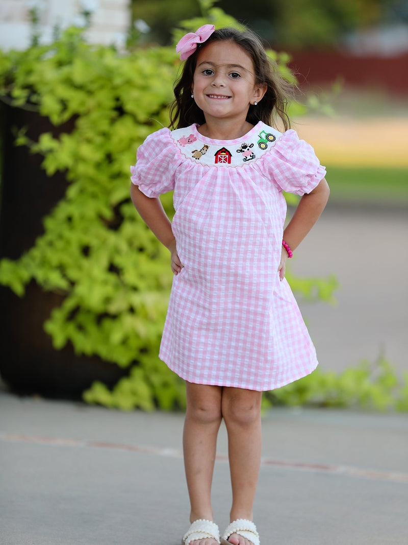 Farm Pink Smocking Embroidered Girls Dress - 1