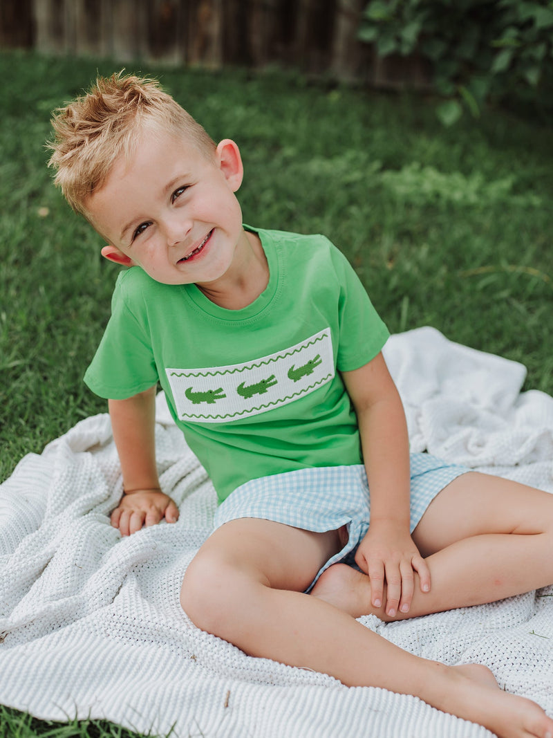 Toddler Boys Summer Crocodile Embroidered Plaid Shorts Set - 1