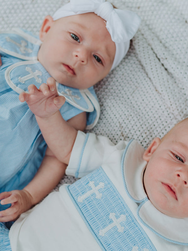 Blue Smocked Christ Bishop Christening Baby Boy Bloomer Set