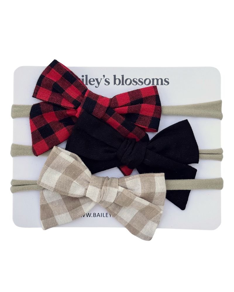 3-piece Linen Cotton Nylon Headband Set - Holiday Gingham - 1