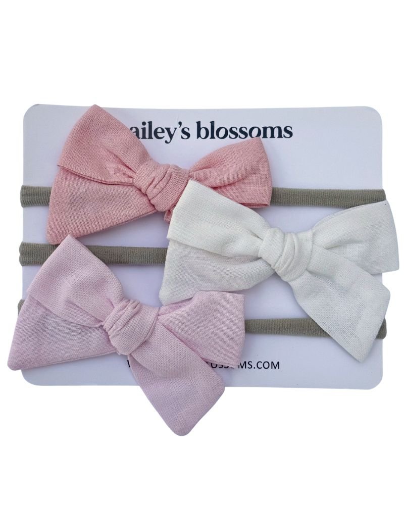 3-piece Linen Cotton Nylon Headband Set - Rose Pink, White, Light Pink - 1