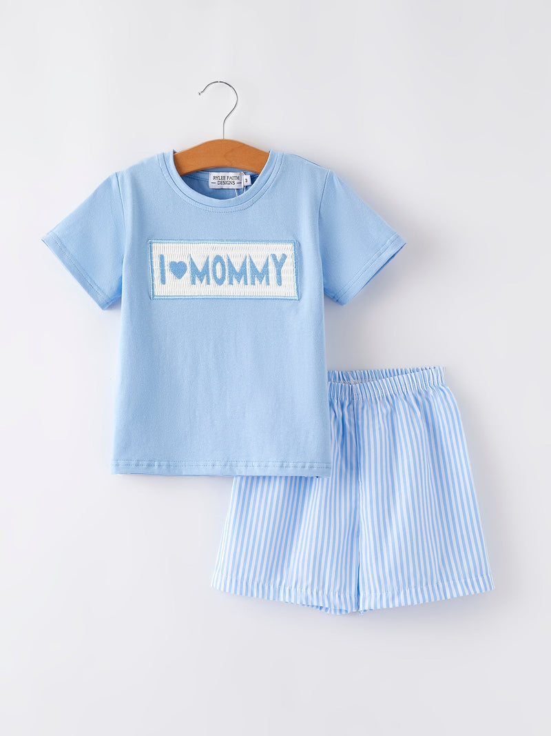"I ❤ MOMMY" Embroidery Smocking Baby Boys Striped Shorts Set - 1