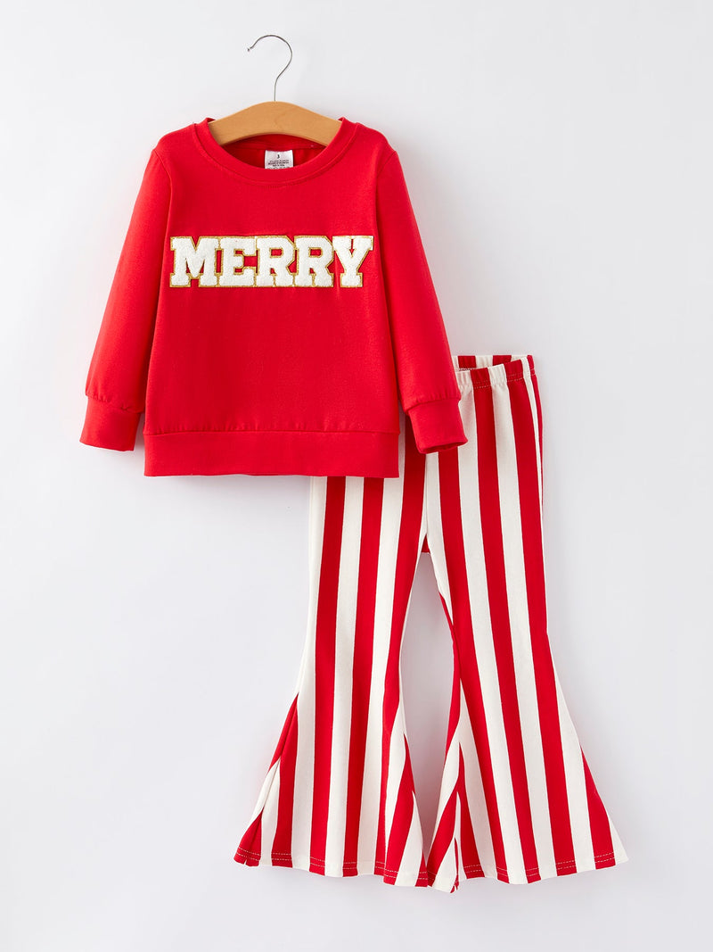 Christmas “MERRY” Applique Girls Striped Bell-bottom Pants Outfit Set - 1