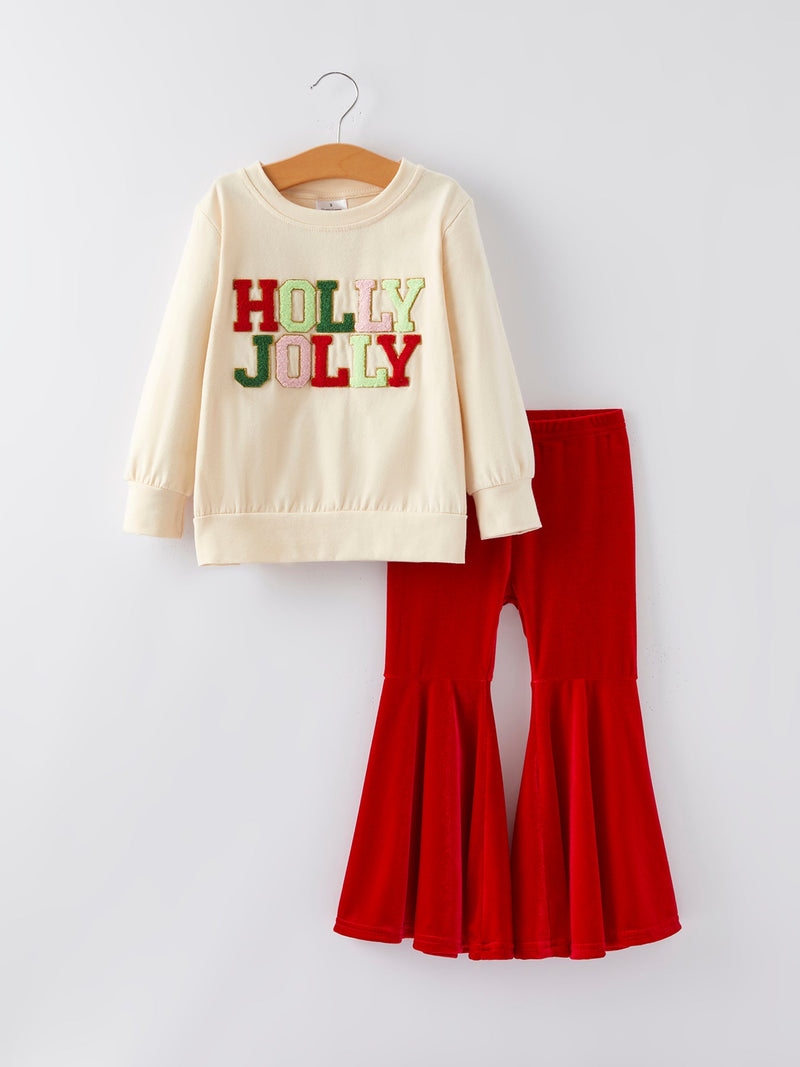 Christmas Letter Applique Top + Flared Pants Outfit Set - 1