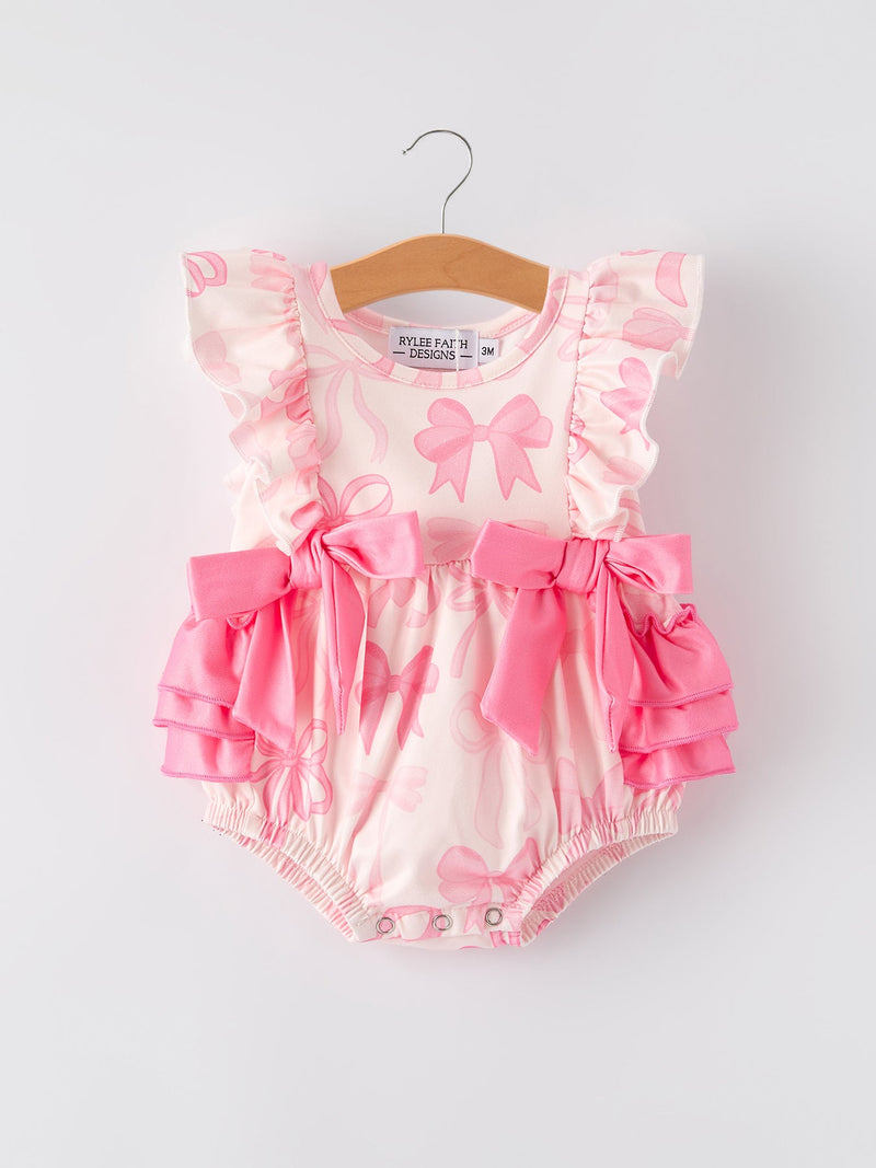 Girls Pink Bow Print Short Sleeves Romper - 1
