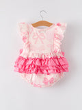 Girls Pink Bow Print Short Sleeves Romper - 2
