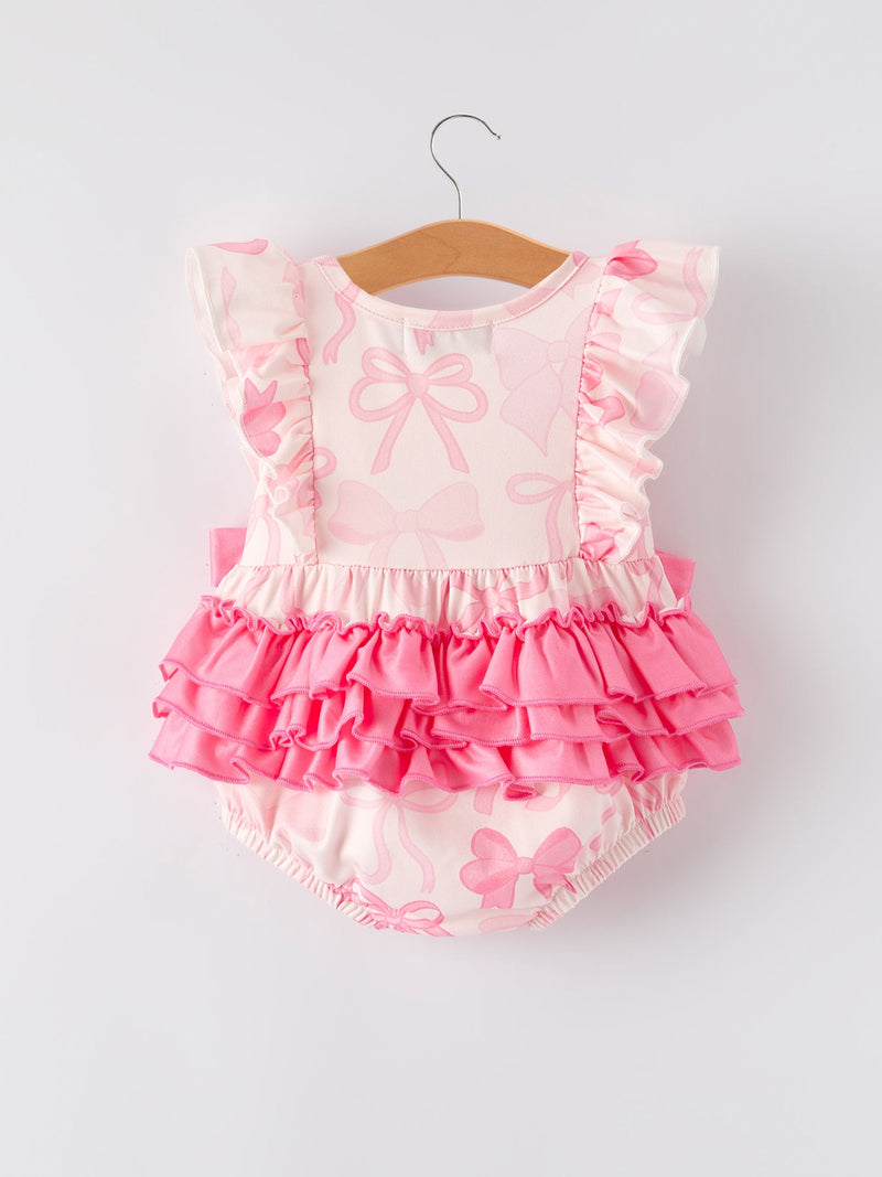 Girls Pink Bow Print Short Sleeves Romper - 2