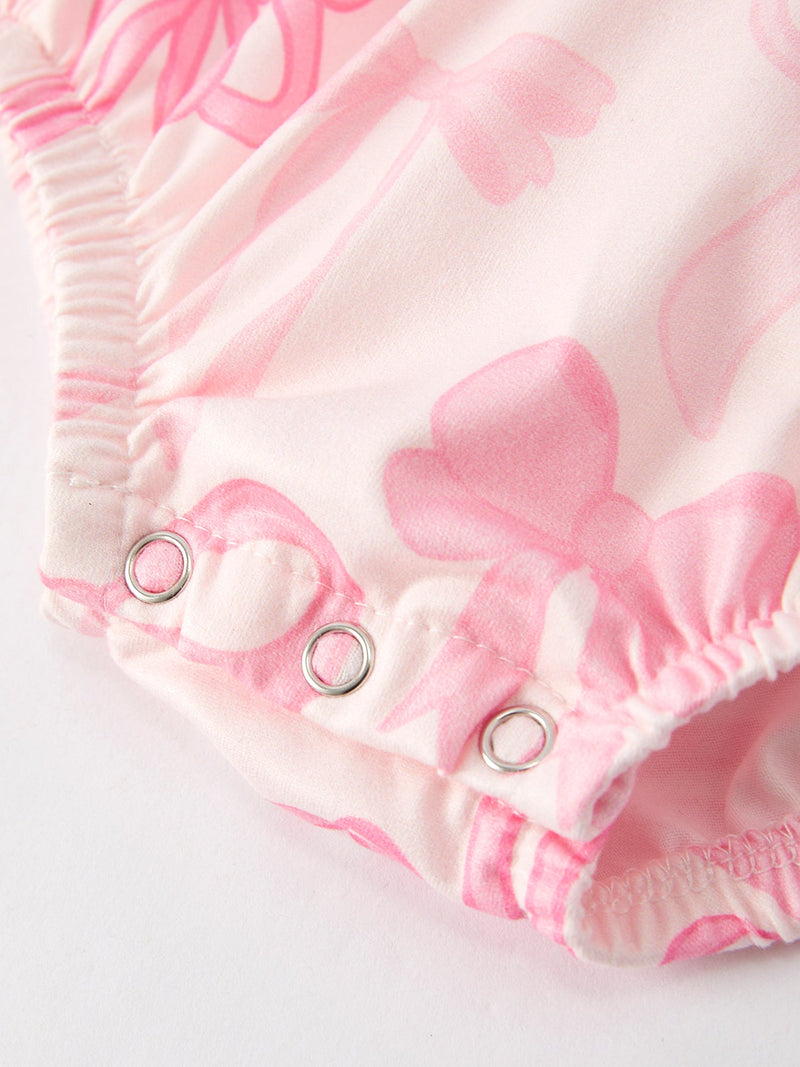 Girls Pink Bow Print Short Sleeves Romper - 5