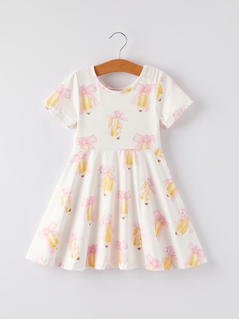 Back to School Bow Pencil Print Girls Dress - 1
