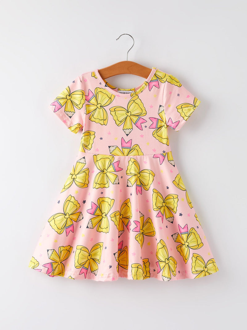Back to School Yellow Bow Print Girls Dress - 1