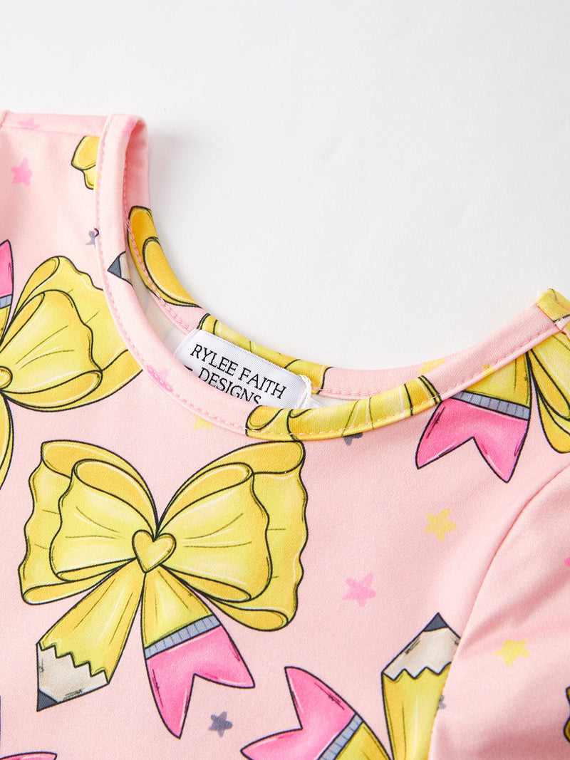 Back to School Yellow Bow Print Girls Dress - 8
