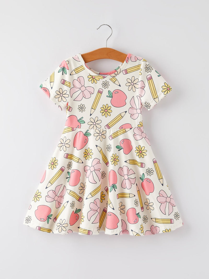 Back to School Apple, Pencil, and Floral Print Girls Dress - 1