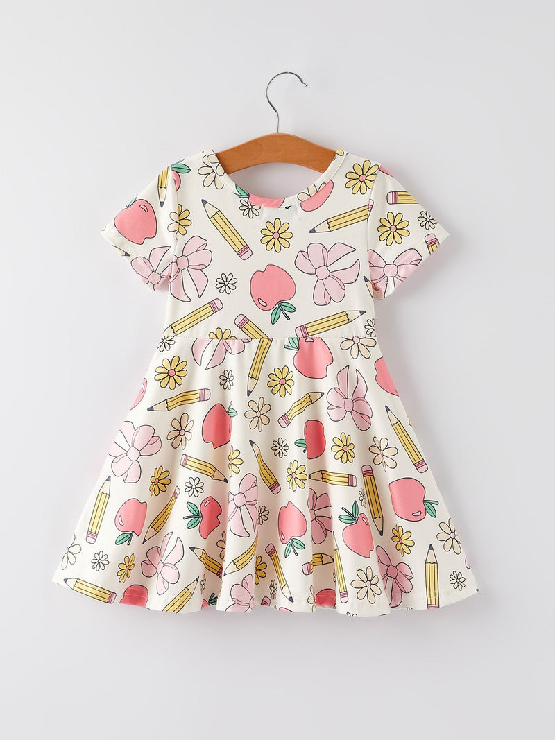 Back to School Apple, Pencil, and Floral Print Girls Dress - 2