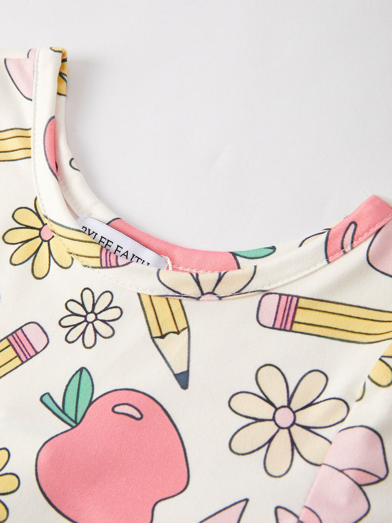 Back to School Apple, Pencil, and Floral Print Girls Dress - 4