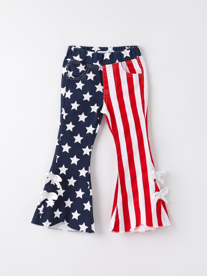 4th of july Patriotic Star Stripe Bow Flare Pants - 1