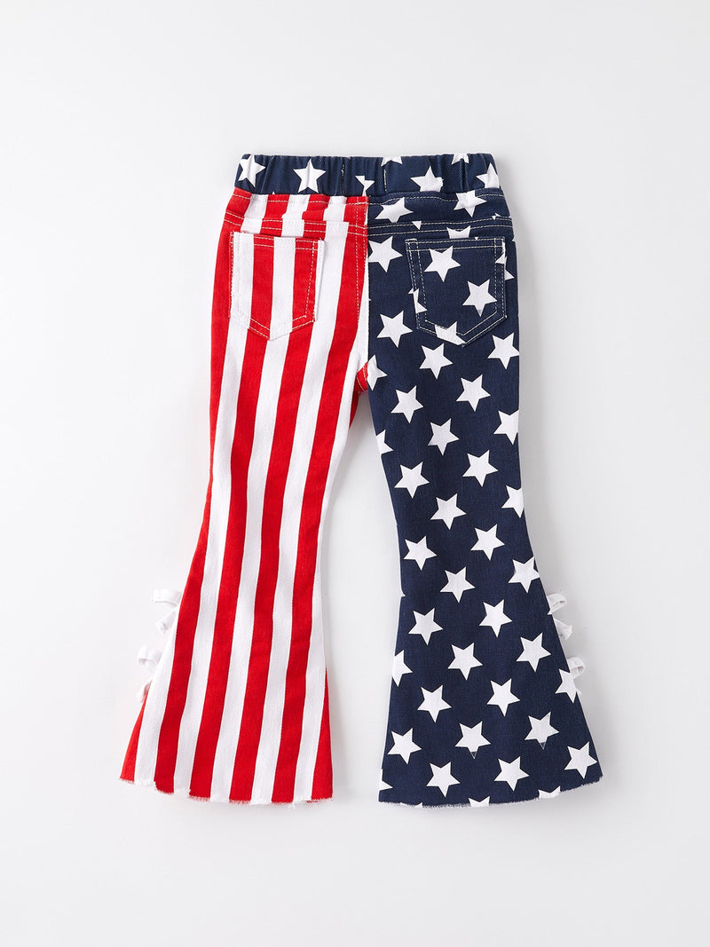 4th of july Patriotic Star Stripe Bow Flare Pants - 2