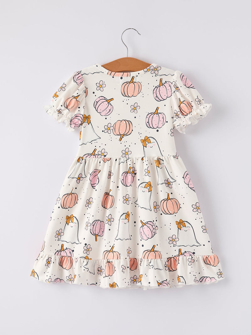 Halloween Pumpkin Ghost Print Cute Girls Dress - 8