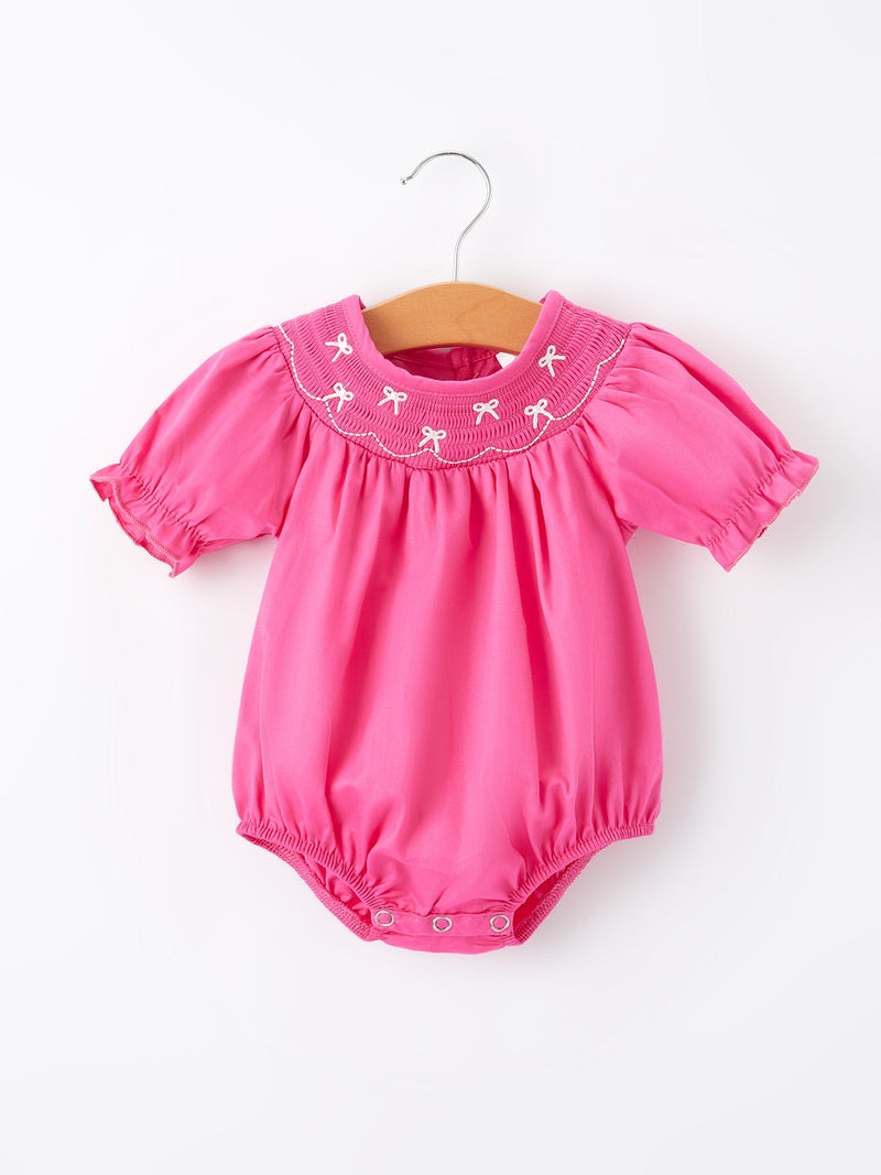 Girls Bow Smocking Embroidery Hot Pink Romper - 1