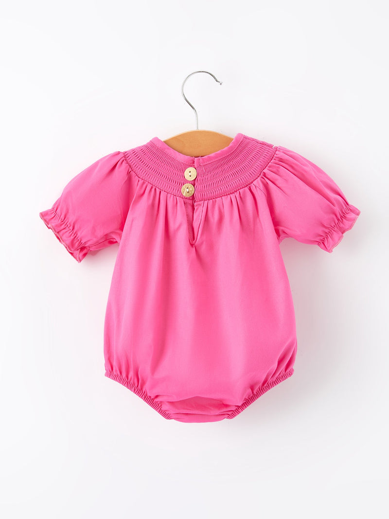 Girls Bow Smocking Embroidery Hot Pink Romper - 2