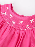 Girls Bow Smocking Embroidery Hot Pink Romper - 3