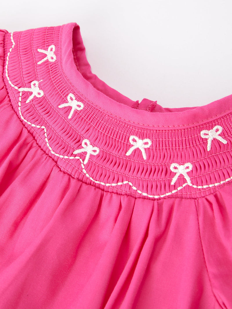 Girls Bow Smocking Embroidery Hot Pink Romper - 3