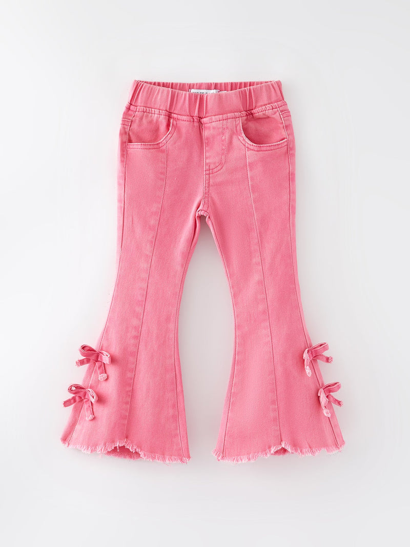 Girls Pink Bow Flared Elastic Denim Pants - 1