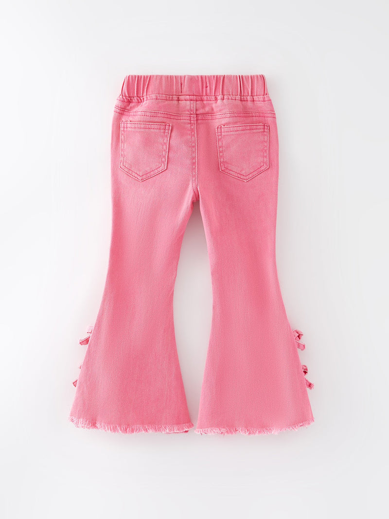 Girls Pink Bow Flared Elastic Denim Pants - 2