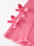 Girls Pink Bow Flared Elastic Denim Pants - 5