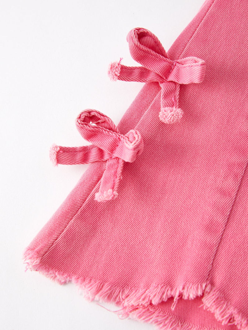 Girls Pink Bow Flared Elastic Denim Pants - 5