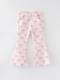 Fall Girls Pink Bow Print Elastic Flared Jeans Denim pant - 1