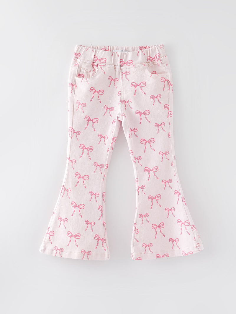 Fall Girls Pink Bow Print Elastic Flared Jeans Denim pant - 1