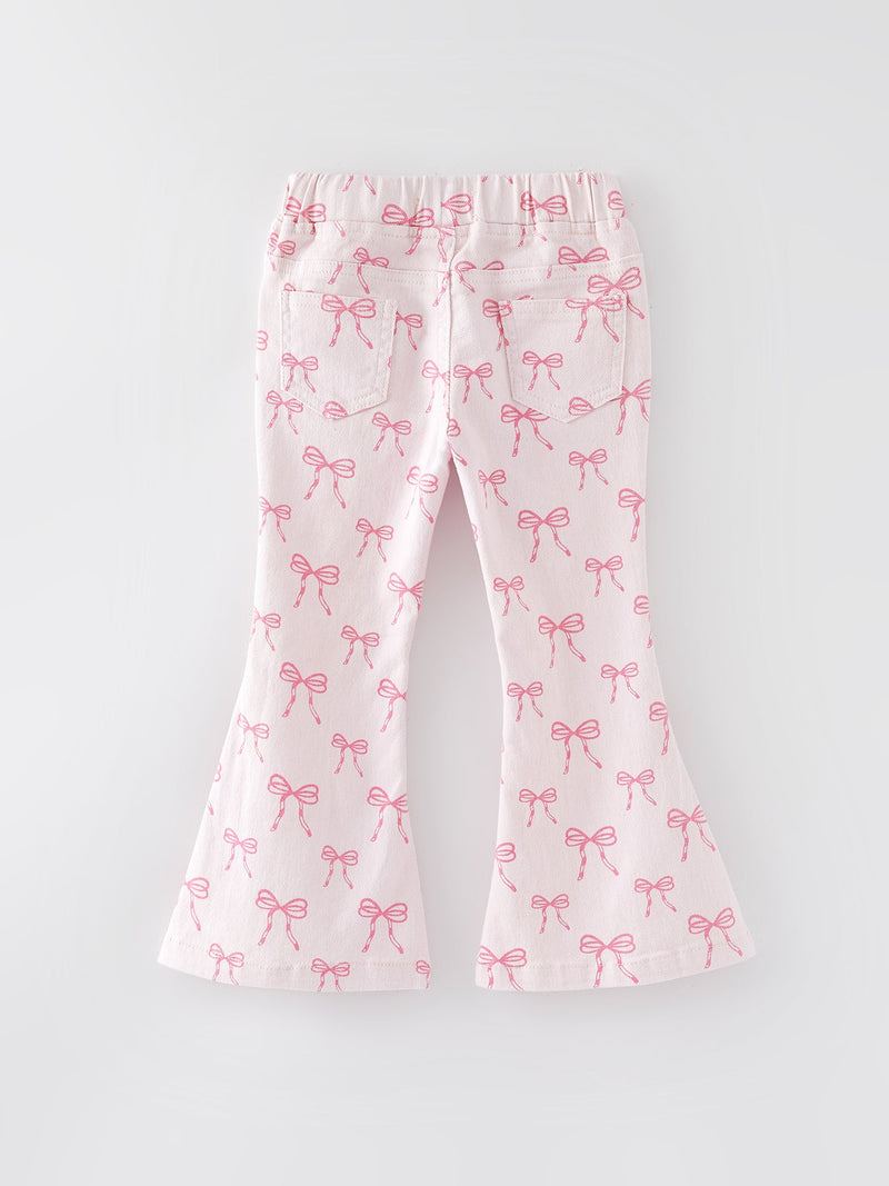 Fall Girls Pink Bow Print Elastic Flared Jeans Denim pant - 2