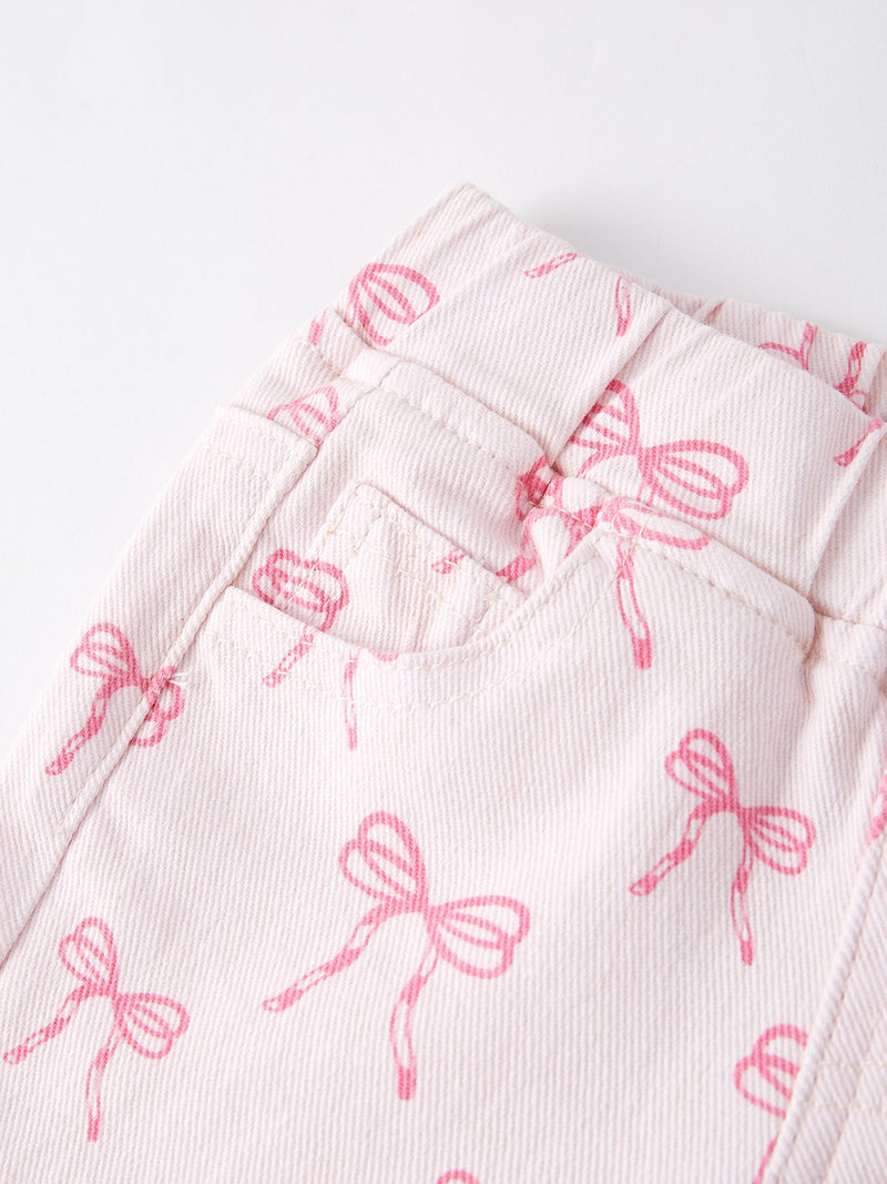 Fall Girls Pink Bow Print Elastic Flared Jeans Denim pant - 3
