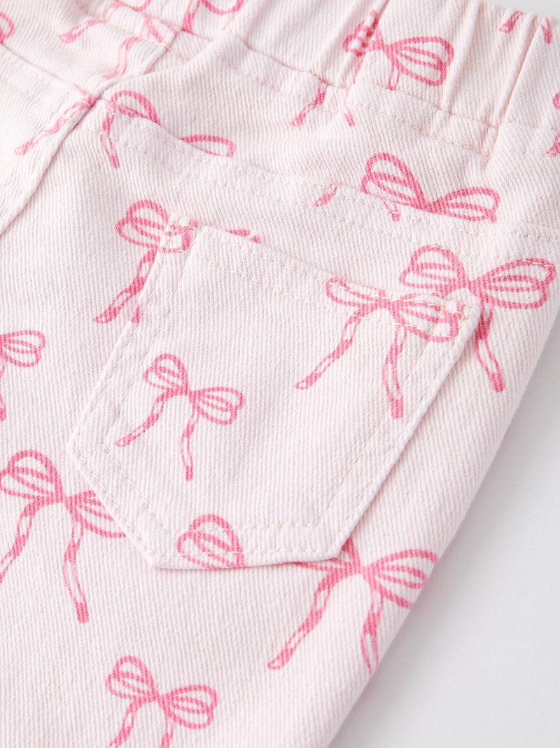 Fall Girls Pink Bow Print Elastic Flared Jeans Denim pant - 4