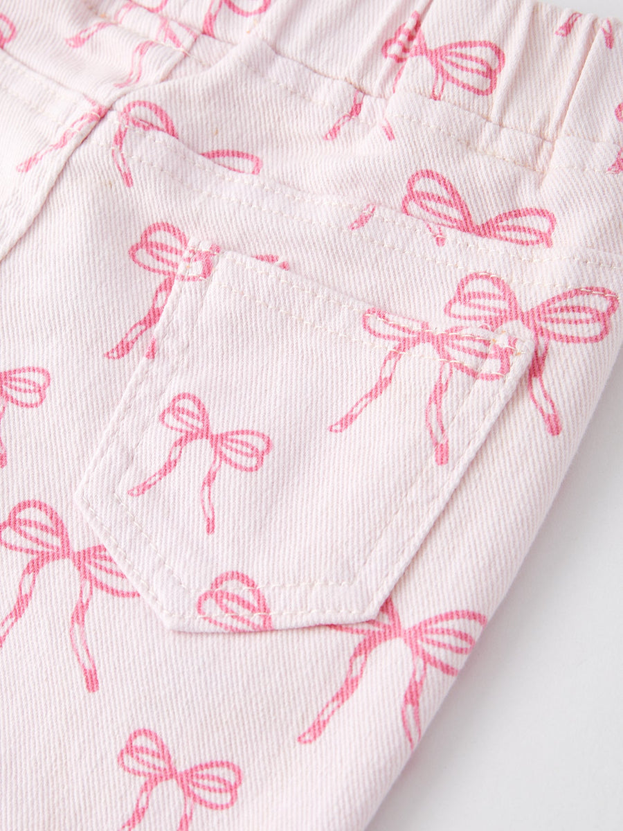 Fall Girls Pink Bow Print Elastic Flared Jeans Denim pant