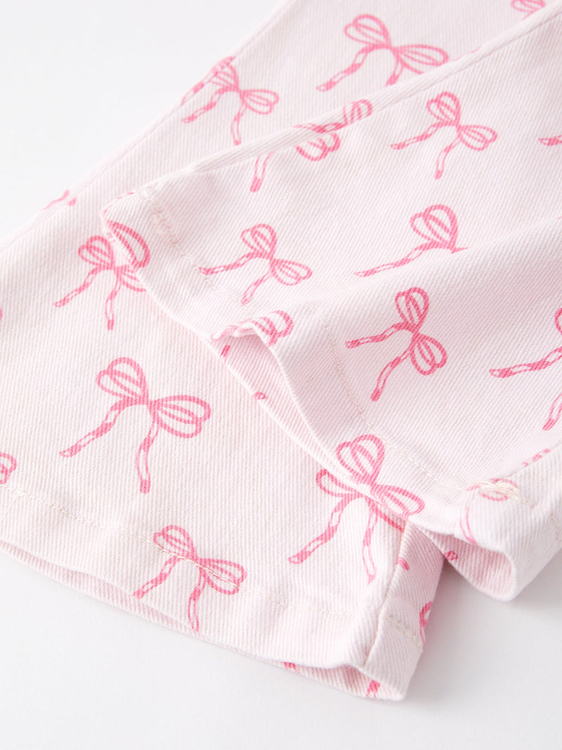 Fall Girls Pink Bow Print Elastic Flared Jeans Denim pant - 5