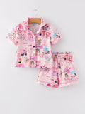 Pink TS Lapel Button Short Sleeve Shorts Pajama Set - 4